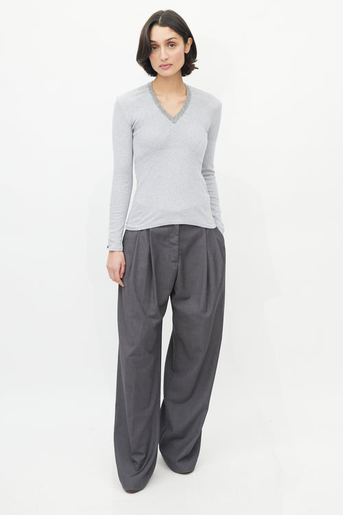 Brunello Cucinelli Grey Sequin Knit V-Neck Sweater