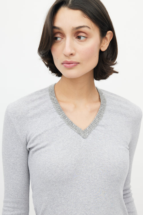 Brunello Cucinelli Grey Sequin Knit V-Neck Sweater