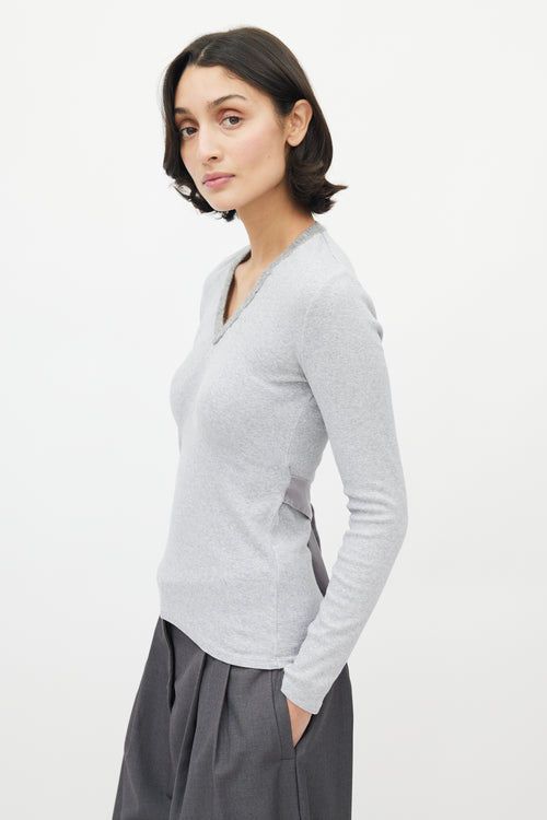 Brunello Cucinelli Grey Sequin Knit V-Neck Sweater