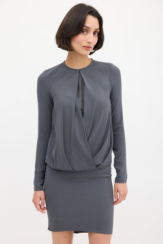 Brunello Cucinelli Grey Silk Draped Fitted Dress