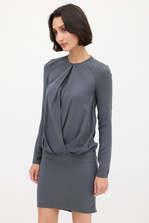 Brunello Cucinelli Grey Silk Draped Fitted Dress