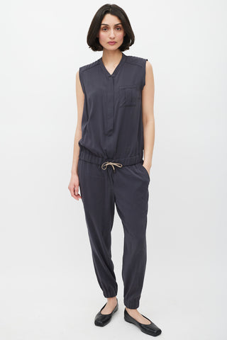 Brunello Cucinelli Grey Silk Monili Drawstring Jumpsuit