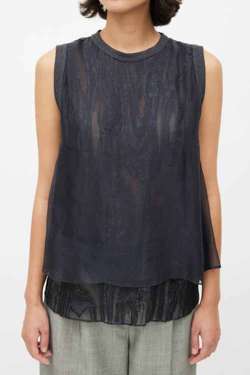 Brunello Cucinelli Grey Silk Sequin Overlay Top