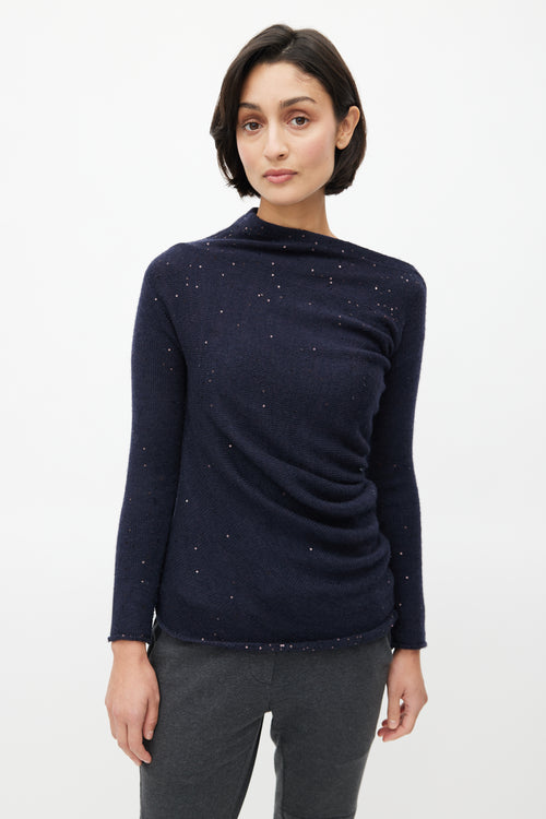 Brunello Cucinelli Navy Cashmere Sequin Asymmetrical Sweater