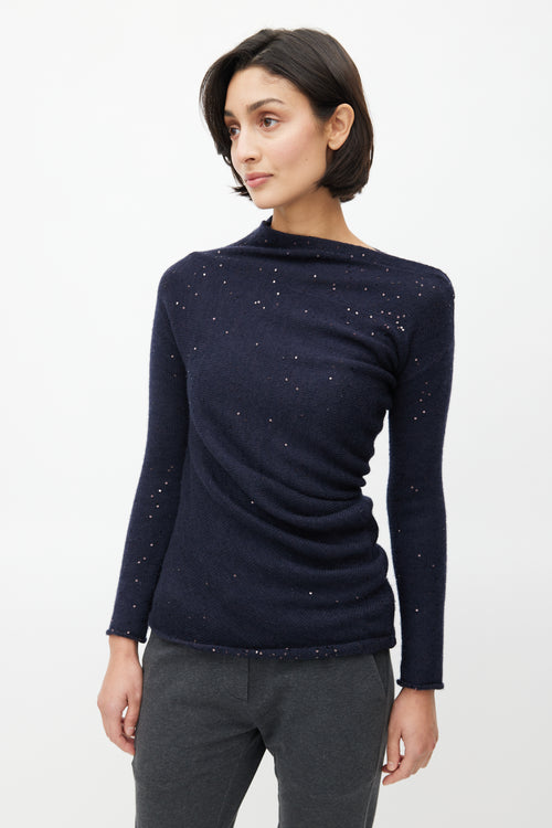 Brunello Cucinelli Navy Cashmere Sequin Asymmetrical Sweater