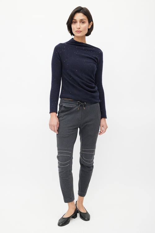 Brunello Cucinelli Navy Cashmere Sequin Asymmetrical Sweater