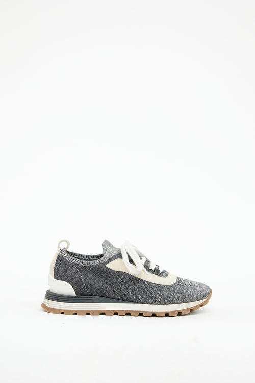 Brunello Cucinelli Grey 
Silver Knit Sock Sneaker