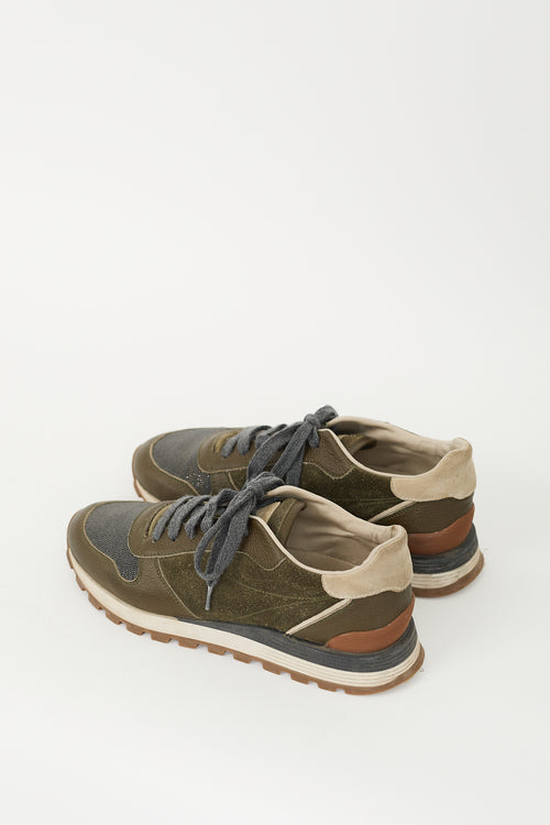 Brunello Cucinelli Khaki Green Suede 
Leather Monili Sneaker