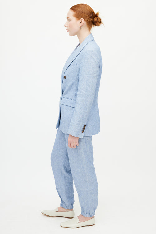 Brunello Cucinelli Blue Linen Blazer Pant Set