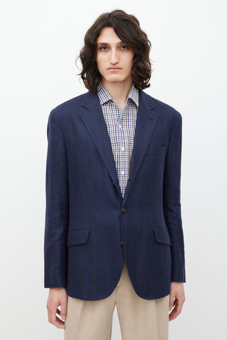 Brunello Cucinelli Navy 
Brown Striped Linen 
Wool Blazer