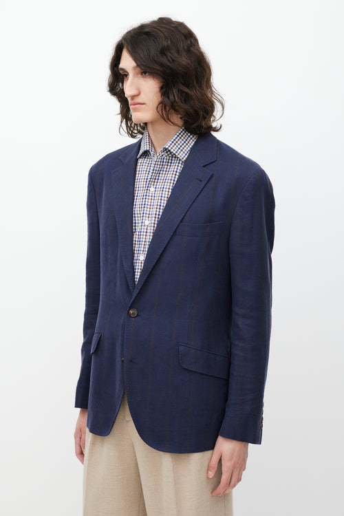 Brunello Cucinelli Navy 
Brown Striped Linen 
Wool Blazer