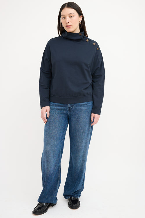 Brunello Cucinelli Navy Button Up Turtleneck Sweater