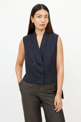 Brunello Cucinelli Navy Double Breasted Monili Stripe Vest