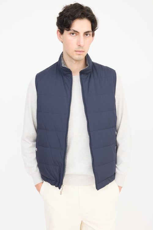 Brunello Cucinelli Navy 
Grey Wool Reversible Padded Vest