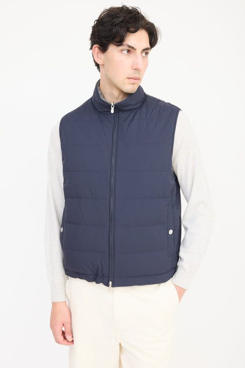 Brunello Cucinelli Navy 
Grey Wool Reversible Padded Vest