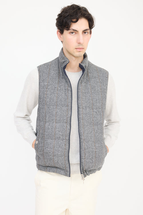 Brunello Cucinelli Navy 
Grey Wool Reversible Padded Vest