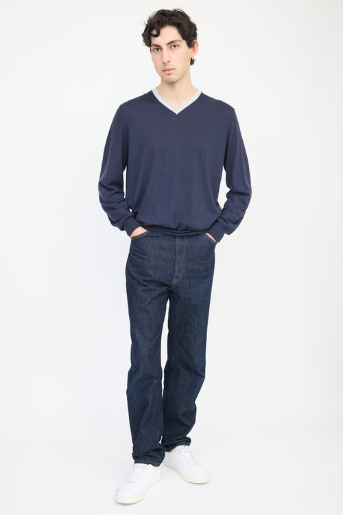 Brunello Cucinelli Navy 
Grey Wool V-Neck Sweater