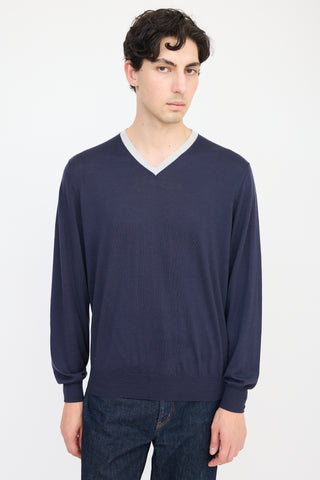 Brunello Cucinelli Navy 
Grey Wool V-Neck Sweater