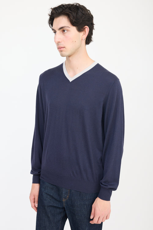 Brunello Cucinelli Navy 
Grey Wool V-Neck Sweater