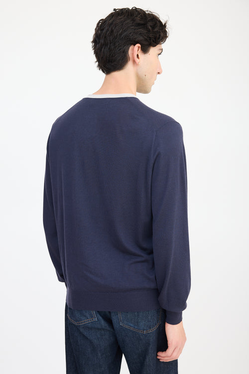 Brunello Cucinelli Navy 
Grey Wool V-Neck Sweater