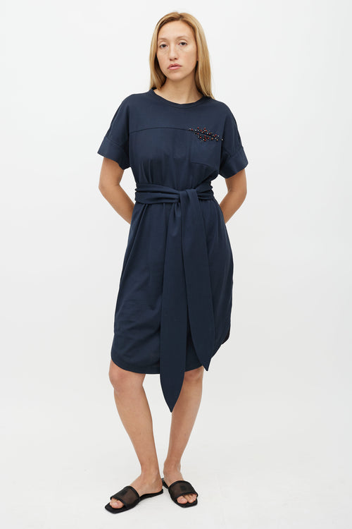 Brunello Cucinelli Navy 
Multicolour Belted Beaded Dress