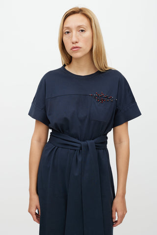 Brunello Cucinelli Navy 
Multicolour Belted Beaded Dress