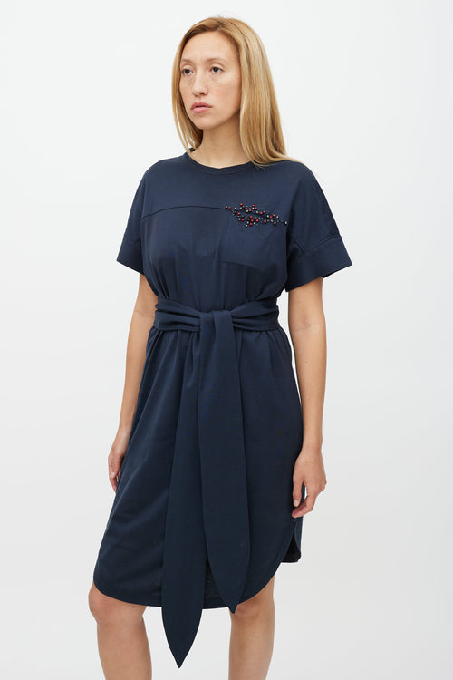 Brunello Cucinelli Navy 
Multicolour Belted Beaded Dress