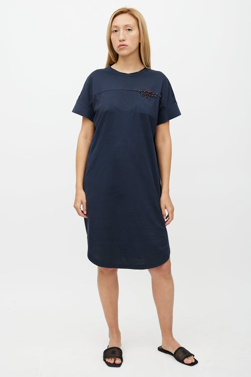 Brunello Cucinelli Navy 
Multicolour Belted Beaded Dress