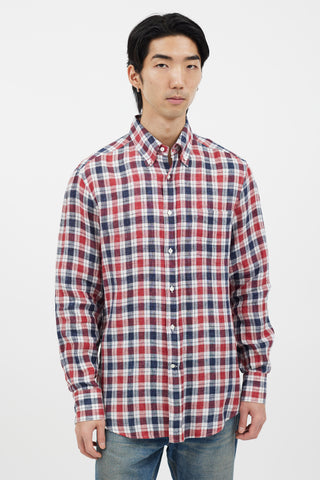 Brunello Cucinelli Navy 
Red Plaid Long Sleeve Shirt