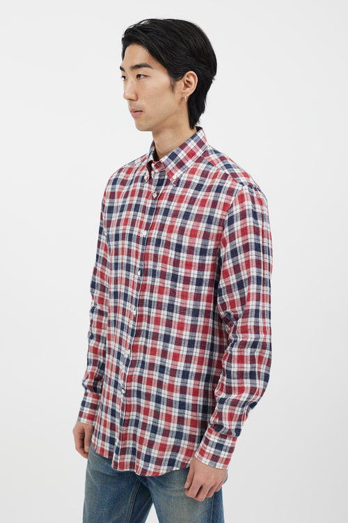 Brunello Cucinelli Navy 
Red Plaid Long Sleeve Shirt