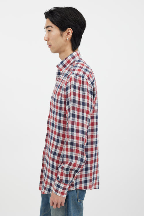 Brunello Cucinelli Navy 
Red Plaid Long Sleeve Shirt