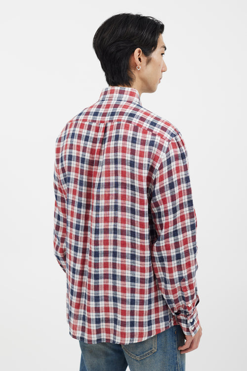 Brunello Cucinelli Navy 
Red Plaid Long Sleeve Shirt