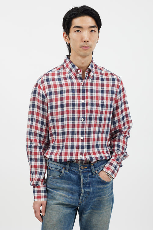 Brunello Cucinelli Navy 
Red Plaid Long Sleeve Shirt