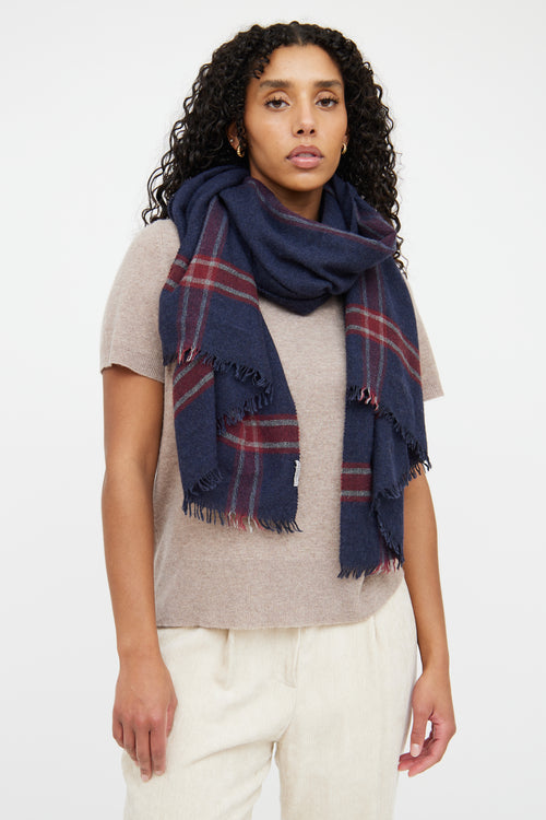 Brunello CucinelliBlue and Red Plaid Cashmere Scarf