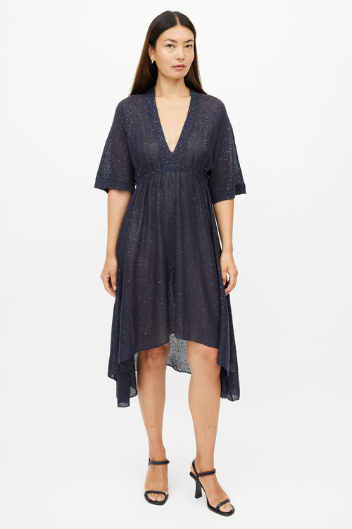 Brunello Cucinelli Navy Silk Blend Sequin V-Neck Dress