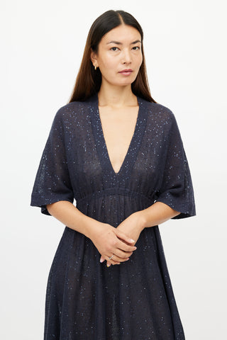 Brunello Cucinelli Navy Silk Blend Sequin V-Neck Dress