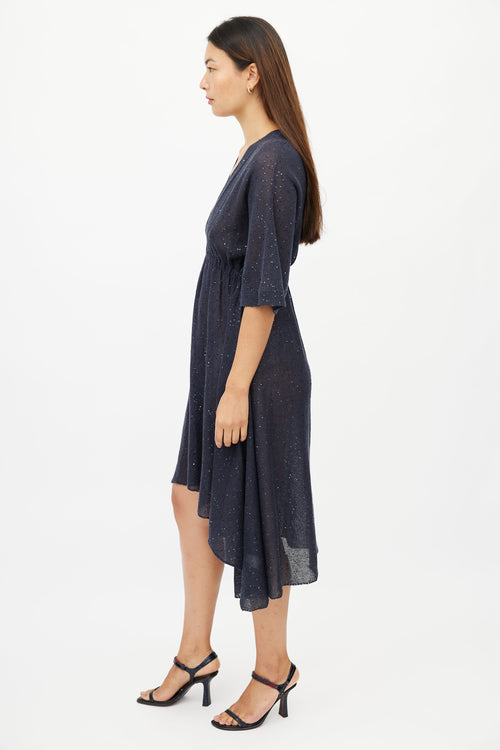 Brunello Cucinelli Navy Silk Blend Sequin V-Neck Dress