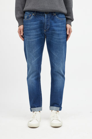 Brunello Cucinelli Navy Slim Cuffed Denim Jeans