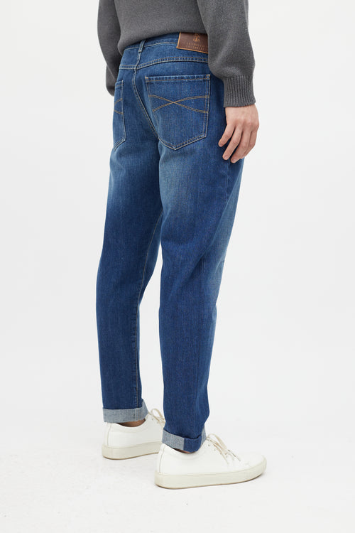 Brunello Cucinelli Navy Slim Cuffed Denim Jeans