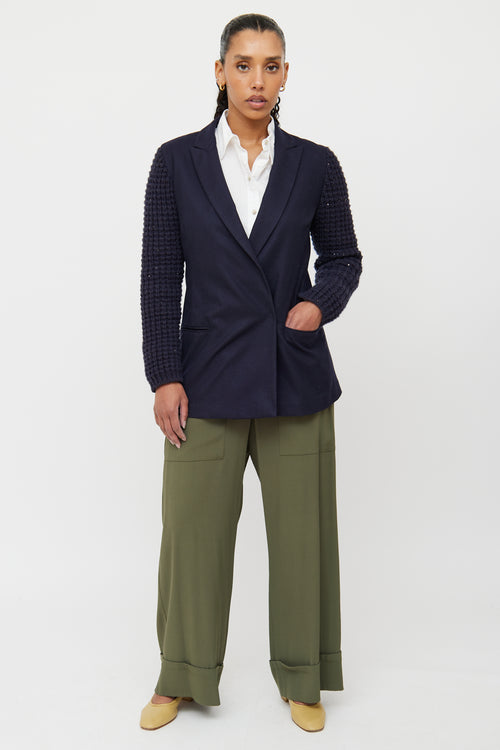 Brunello Cucinelli Navy Knit Sleeve Blazer