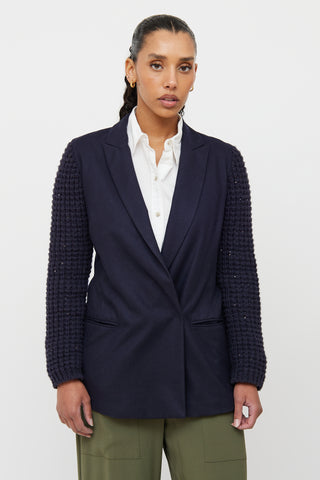 Brunello Cucinelli Navy Knit Sleeve Blazer