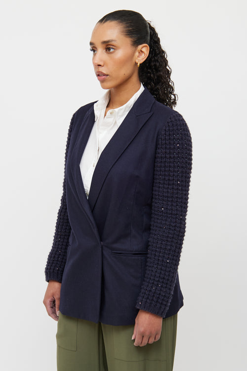 Brunello Cucinelli Navy Knit Sleeve Blazer