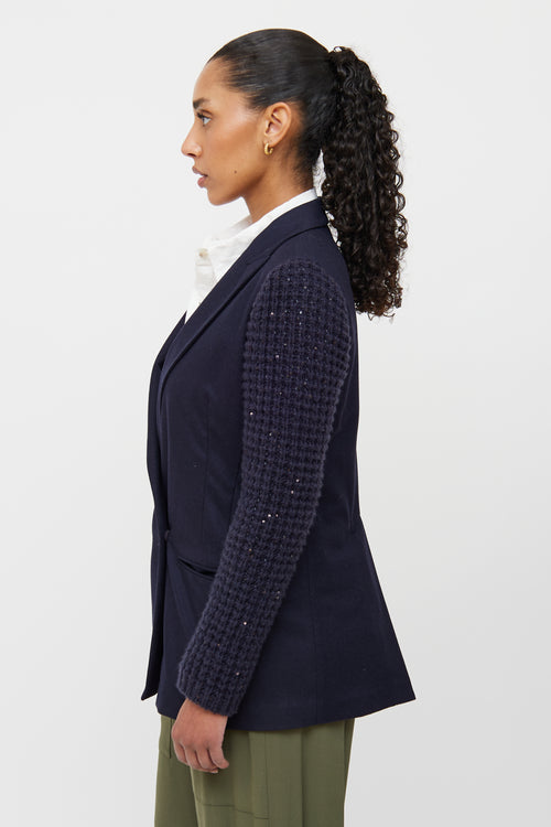 Brunello Cucinelli Navy Knit Sleeve Blazer