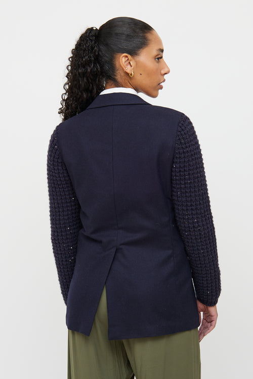 Brunello Cucinelli Navy Knit Sleeve Blazer