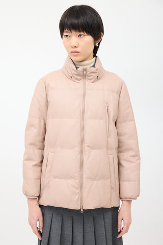 Brunello Cucinelli Pink Leather Side Zip Down Puffer Jacket