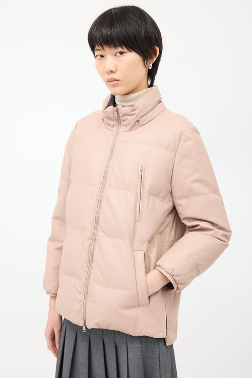 Brunello Cucinelli Pink Leather Side Zip Down Puffer Jacket