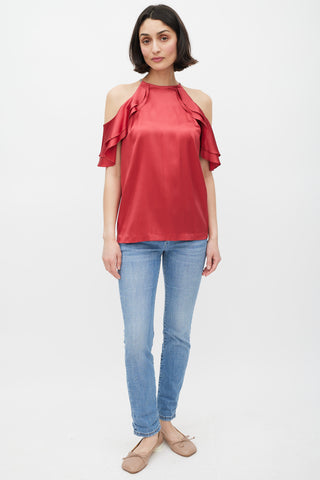 Brunello Cucinelli Red Silk Ruffled Monili Top