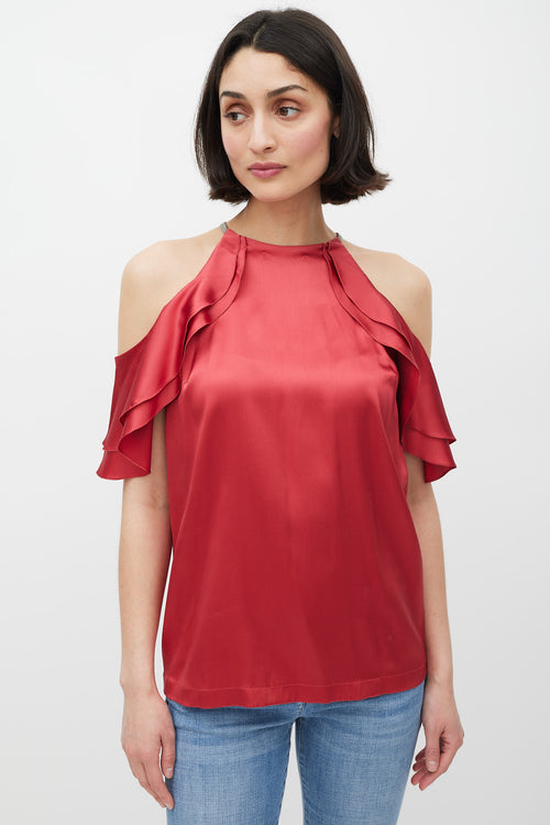 Brunello Cucinelli Red Silk Ruffled Monili Top