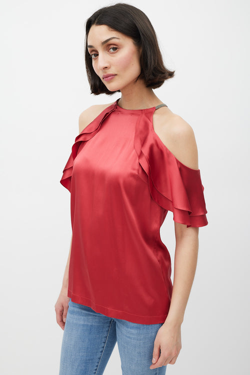 Brunello Cucinelli Red Silk Ruffled Monili Top