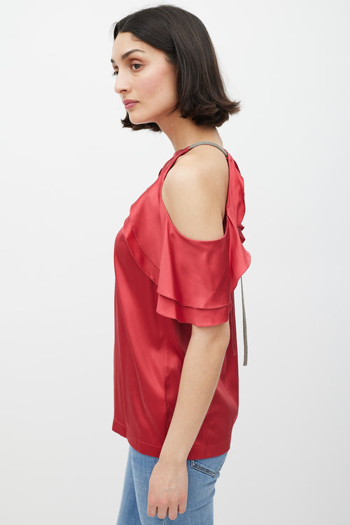 Brunello Cucinelli Red Silk Ruffled Monili Top